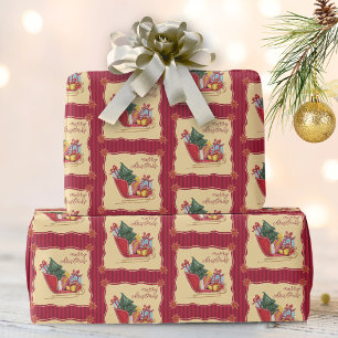 Merry Christmas Sleigh Ride Red Stripes Wrapping Paper