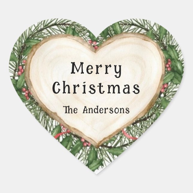 Merry Christmas Slice Wood Heart Wreath Custom Heart Sticker (Front)