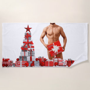 Merry Christmas SlipperyJoe red white silver gift Beach Towel