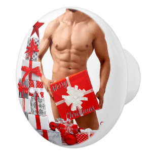 Merry Christmas SlipperyJoe red white silver gift Ceramic Knob