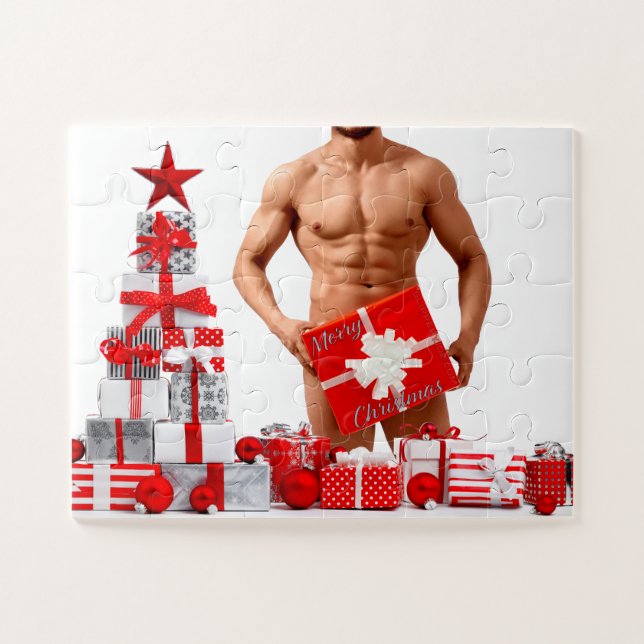 Merry Christmas SlipperyJoe red white silver gift  Jigsaw Puzzle (Horizontal)