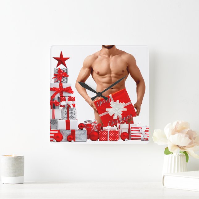 Merry Christmas SlipperyJoe red white silver gift  Square Wall Clock (Home)