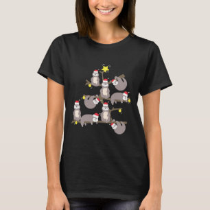 Merry Christmas Sloth Christmas Tree Santa Hat Mer T-Shirt