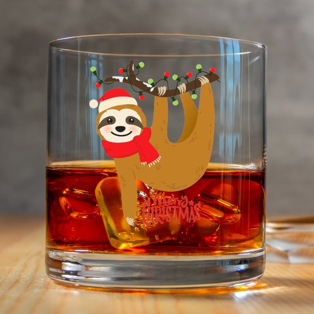 Merry Christmas Sloth Cute Holidays Whiskey Glass (Creator Uploaded)