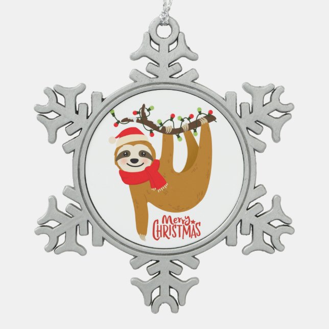 Merry Christmas Sloth | Holidays Snowflake Pewter Christmas Ornament (Front)
