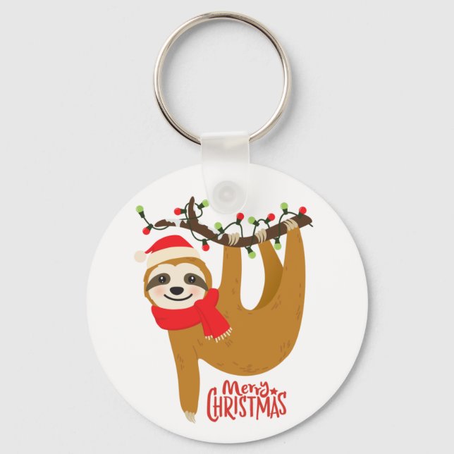 Merry Christmas Sloth in Santa Hat Keychain (Front)