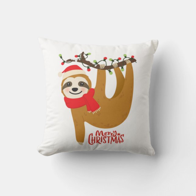 Merry Christmas Sloth Throw Pillow (Front)