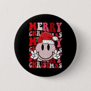 Merry Christmas Smile Face Santa Claus Hat Groovy 2 Inch Round Button