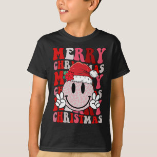 Merry Christmas Smile Face Santa Claus Hat Groovy T-Shirt