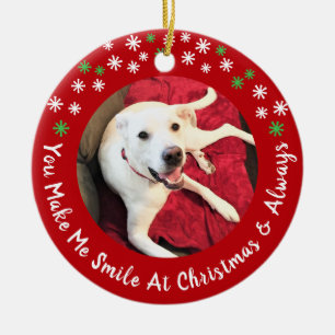 Merry Christmas Smiling Dog Photo Funny Red Circle Ceramic Ornament