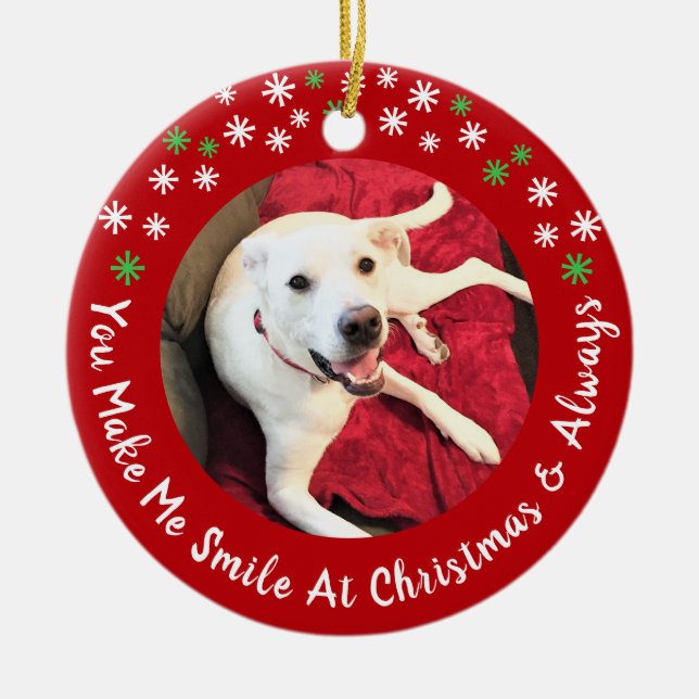 Merry Christmas Smiling Dog Photo Funny Red Circle Ceramic Ornament (Front)