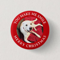 Merry Christmas Smiling Dog Photo Funny Red Round