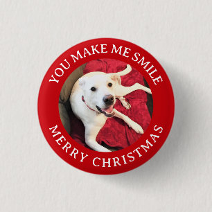 Merry Christmas Smiling Dog Photo Funny Red Round 1 Inch Round Button