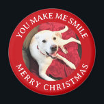Merry Christmas Smiling Dog Photo Funny Red Round Magnet<br><div class="desc">This adorable magnet features Olive, a cute and happy Labrador mix with a customizable message.</div>
