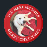 Merry Christmas Smiling Dog Photo Funny Red Round Magnet<br><div class="desc">This adorable magnet features Olive,  a cute and happy Labrador mix with a customizable message.</div>