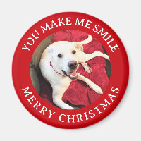 Merry Christmas Smiling Dog Photo Funny Red Round