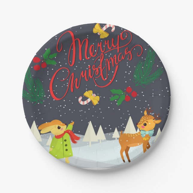 Merry Christmas Snow and Holly  Paper Plate (Front)