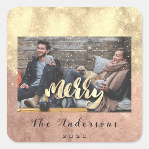 Merry Christmas Snow Confetti Rose Gold Photo Square Sticker