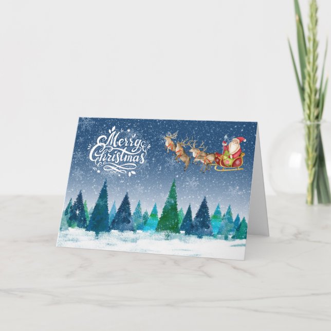 Merry Christmas Snow Forest and Santa in Sleigh  Holiday Card (Front)