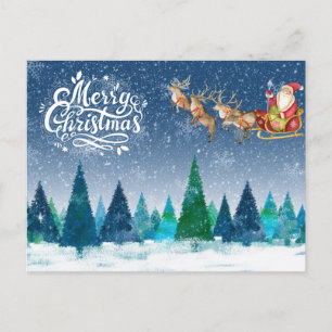 Merry Christmas Snow Forest and Santa in Sleigh Holiday Postcard