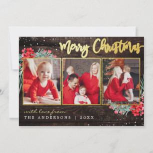 Merry Christmas Snow Gold on Wood 3 Photo Collage Holiday Card