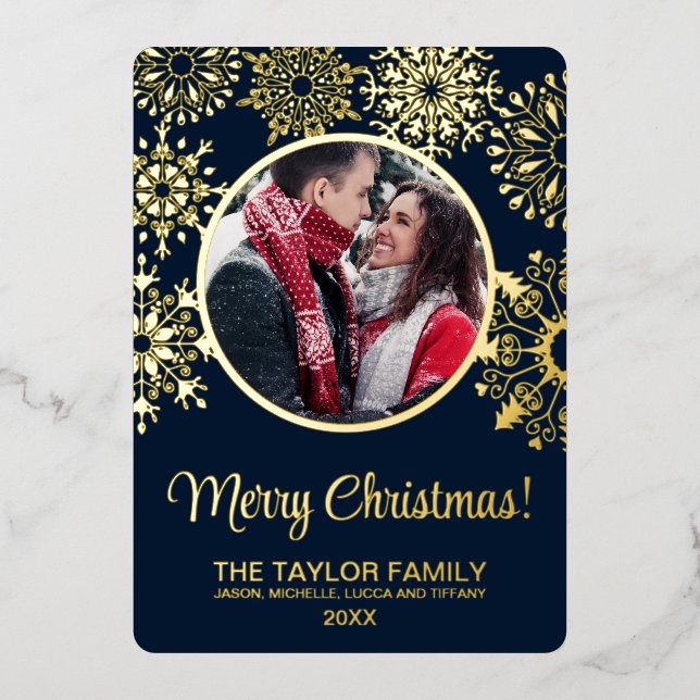 Merry Christmas Snow Insert Photo Family Frame  Fo Foil Holiday Card (Front)