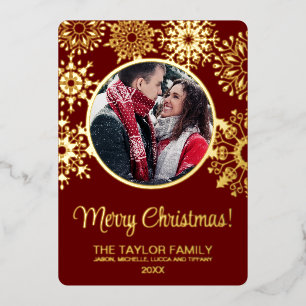 Merry Christmas Snow Insert Photo Family Frame  Foil Holiday Card