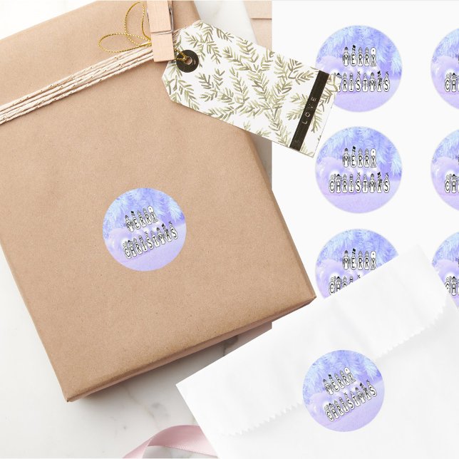 Merry Christmas Snow People Font, Blue Tint Snow Classic Round Sticker (Merry Christmas Snow People Font, Blue Tint Snow Classic Round Stickers)