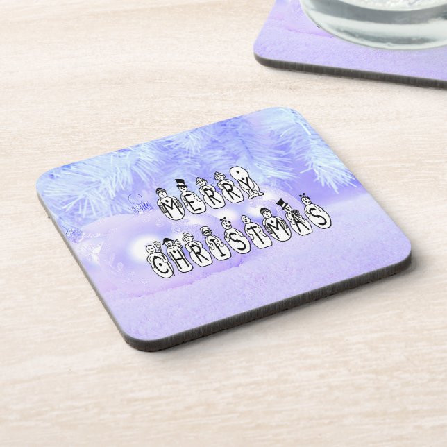 Merry Christmas Snow People Font, Blue Tint Snow Coaster (Left Side)