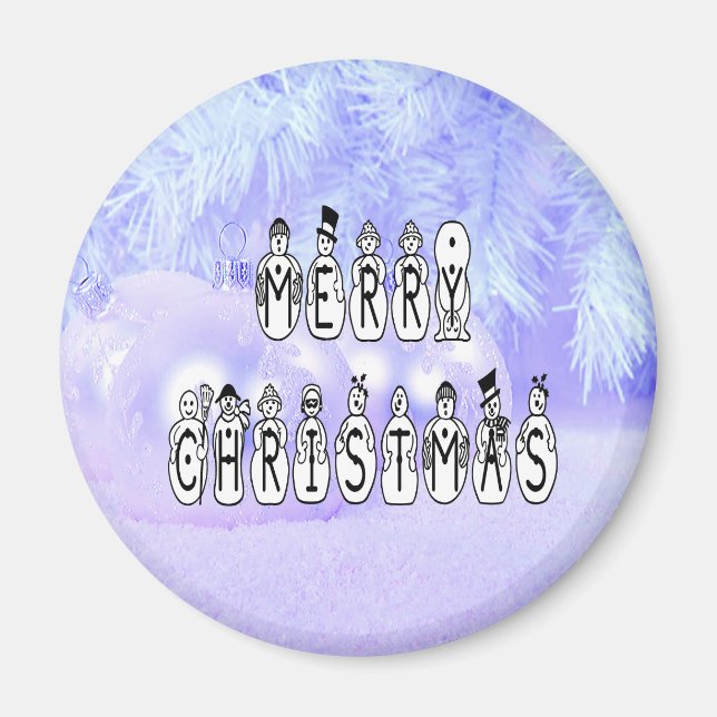Merry Christmas Snow People Font, Blue Tint Snow Magnet (Front)