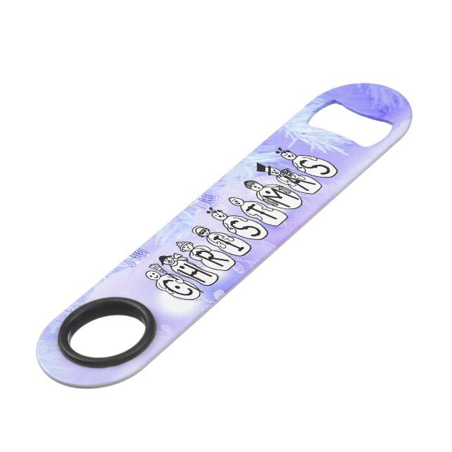 Merry Christmas Snow People Font, Blue Tint Snow Speed Bottle Opener (Front Angled)
