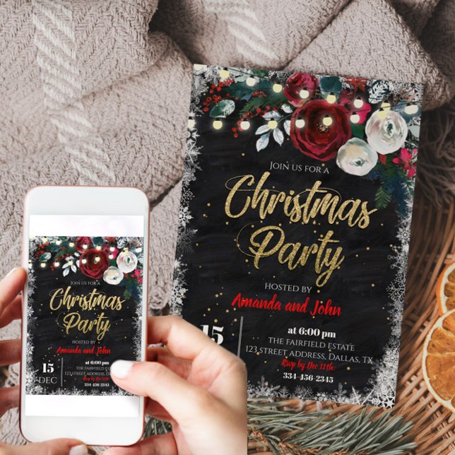 Merry Christmas Snow Red Floral Chalkboard Party Invitation (Merry Christmas Snow Red Floral Chalkboard Party Invitation)
