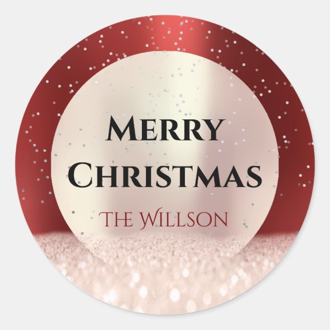 Merry Christmas Snow Rose Glitter Burgundy Red Classic Round Sticker (Front)