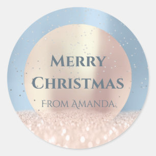 Merry Christmas Snow Rose Glitter Smoky Blue Classic Round Sticker