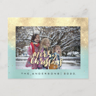 Merry Christmas Snow Rose Gold Aqua Photo Glitter Postcard
