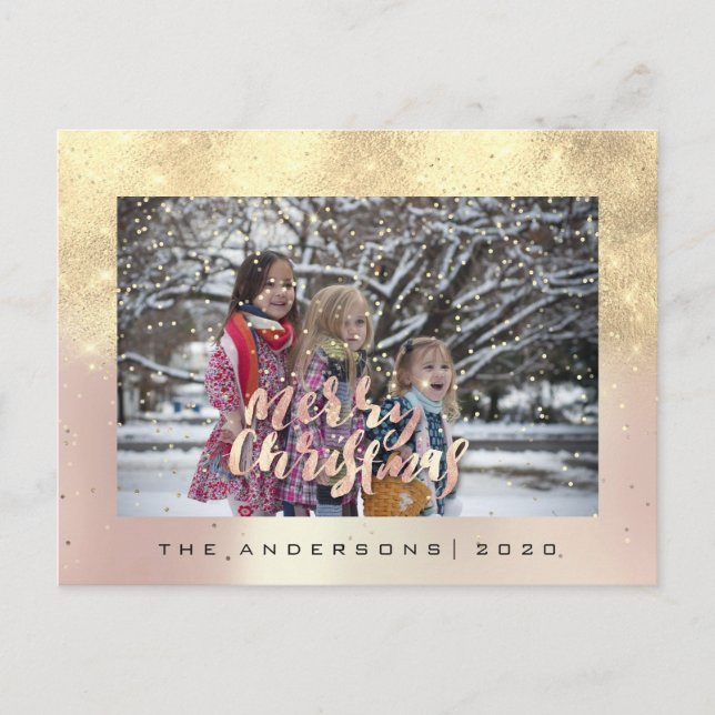 Merry Christmas Snow Rose Gold Photo Glitter Postcard (Front)