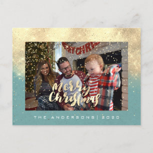 Merry Christmas Snow Teal Gold Photo Glitter Spark Postcard