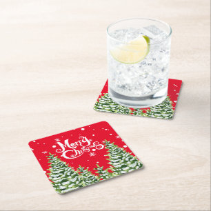 Merry Christmas Snow Trees Christmas Paper Coaster