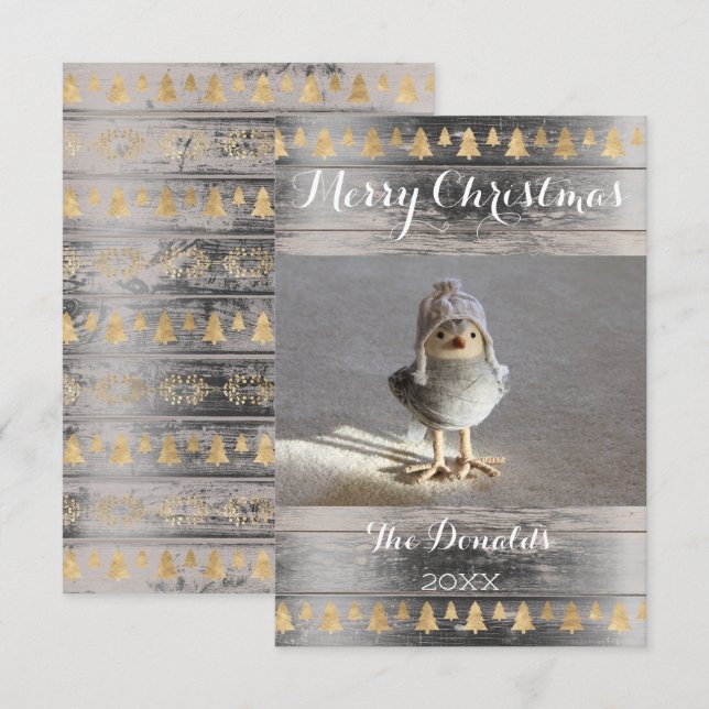 Merry Christmas Snowbird Gold Wood Photo Cottage Invitation (Front/Back)
