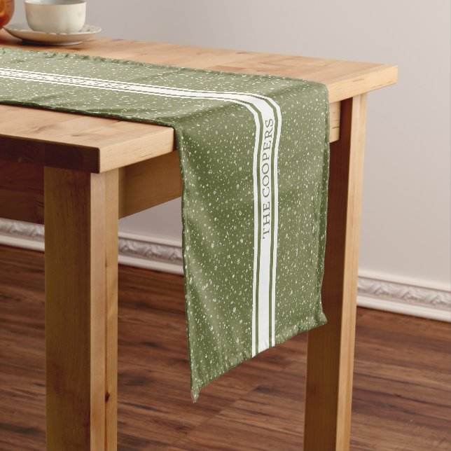 Merry Christmas Snowfall Pattern on Green Holiday Short Table Runner (In Situ)