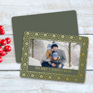 Merry Christmas Snowflake Elegant Green 1 Photo  Foil Holiday Card