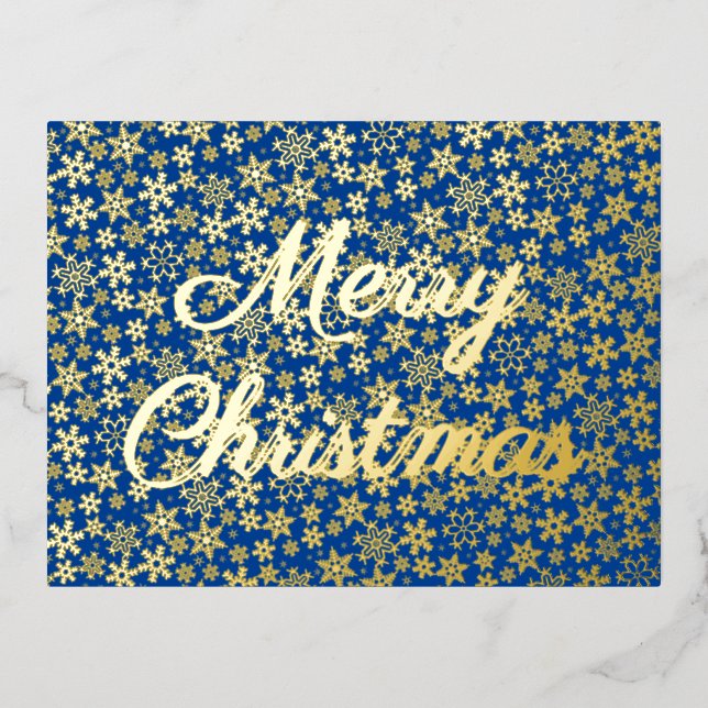 Merry Christmas snowflake elegant script navy blue Foil Holiday Postcard (Front)