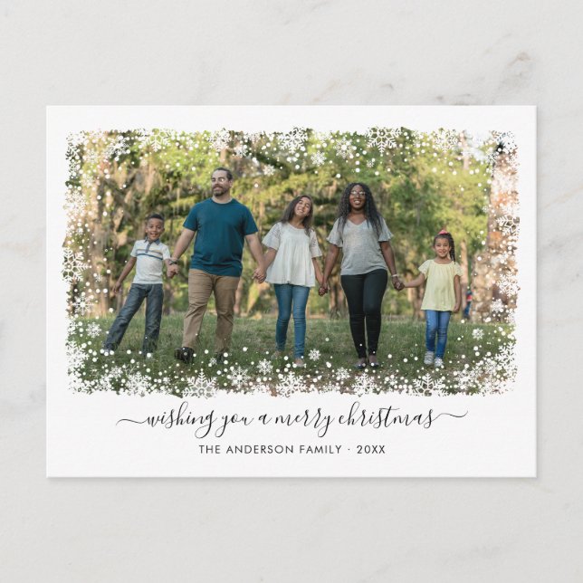 Merry Christmas Snowflake Elegant Script Photo Holiday Postcard (Front)