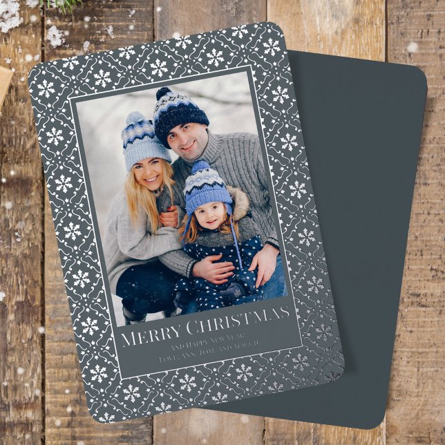 Merry Christmas Snowflake Elegant Silver 1 Photo Foil Holiday Card (Merry Christmas holiday photo card template with real gold foil. )