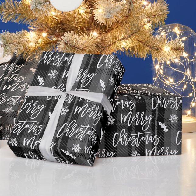 Merry Christmas snowflake mistletoe black plaid Wrapping Paper (Holidays)