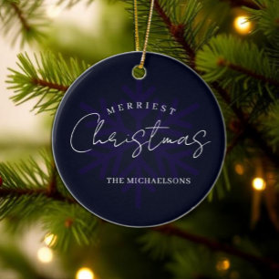 Merry Christmas Snowflake Navy Blue Ceramic Ornament