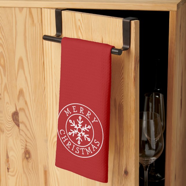 Merry Christmas Snowflake on Bright Red Kitchen Towel (Thirds Fold)