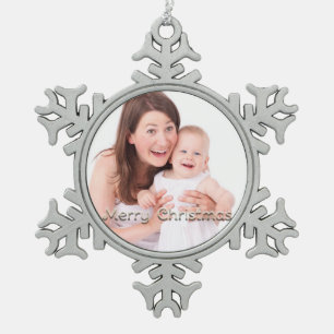 Merry Christmas Snowflake Personalized Photo Snowflake Pewter Christmas Ornament