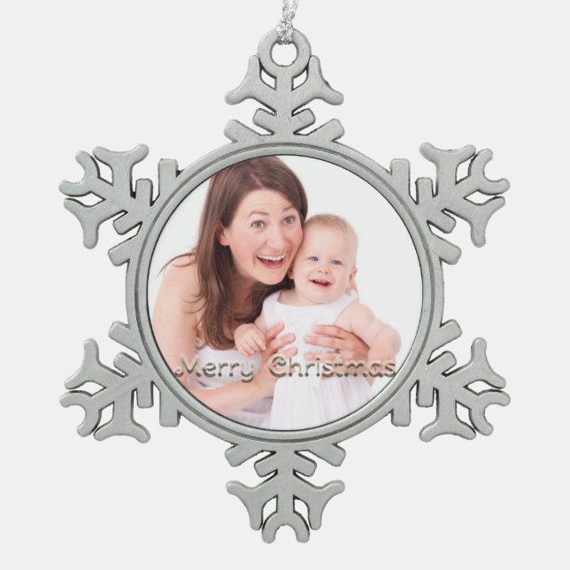 Merry Christmas Snowflake Personalized Photo Snowflake Pewter Christmas Ornament (Front)
