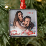 Merry Christmas Snowflake Personalized Red Metal Ornament<br><div class="desc">Pretty gold frame with snowflakes surrounding your favourite photo ornament.  Merry Christmas in faux red script & year in matching colour.  Add your favourite photo to create this lovely keepsake ornament.</div>